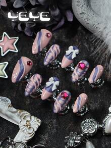 10 Fake Nails Press On Almond French Tip,Pink,Purple,Snakeskin,3d Three-Dimensional Decoration Element,Rhinestone Decor Star,White Bowknot,Waterdrop,Japanese Style Full Coverage Press On Nails Y2K Charms Set,The Set Includes 1 Mini Nail File And 1 Adhesive Sheet, Suitable For Women And Girls. Nail Art For Daily Use, Party, Weddings, Etc Nail Supplies - Multicolor - View 2