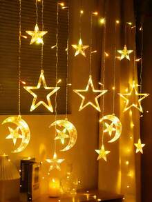 开斋节快乐 LED 窗帘灯 - 室内/室外闪烁星月灯，USB/电池供电，窗户/墙壁装饰，节日派对装饰（6 个星月 LED 灯） - 暖光 - 查看 9