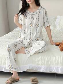 2 pièces Ensemble de pyjama pour femme, Top de cardigan col rond avec imprimé floral et ourson mignon tout-sur-tout, pantalon avec imprimé floral et ourson mignon tout-sur-tout, confortable et style anglais, convient pour le printemps, l'automne et l'hiver, tenue de détente à la maison - Champagne - Voir 4