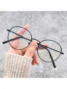 1pc Women's Casual Retro Round Black Flat Lens Glasses, Suitable For Daily Wear And Street Style - Black - View 3