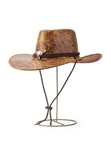 1pc Unisex Solid Color PU Leather Cowboy Hat, Unique Shiny 3D Steer Head Design With Leather & Metal Wide Belt Decor, Wide Brim Sun Protection Hat, Adjustable Strap, Cyberpunk Stylish Punk Retro Vibe, Suitable For Parties, Western Themed Events, Cosplay, Street Style Looks, Gifts For Men - Silver Bull Cowboy Hat - View 15