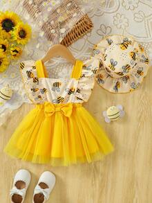 2件套女婴休闲日常甜美可爱黄色编织连帽泡泡袖蜜蜂印花拼接黄色网纱连衣裙和印花帽子套装，夏季 - 黃色 - 查看 1