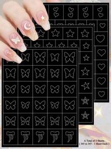 3/6张极简黑色线条美甲贴纸，白色轮廓心形星星蝴蝶花朵图案，适用于DIY美甲美甲用品 - 彩色 - 查看 13