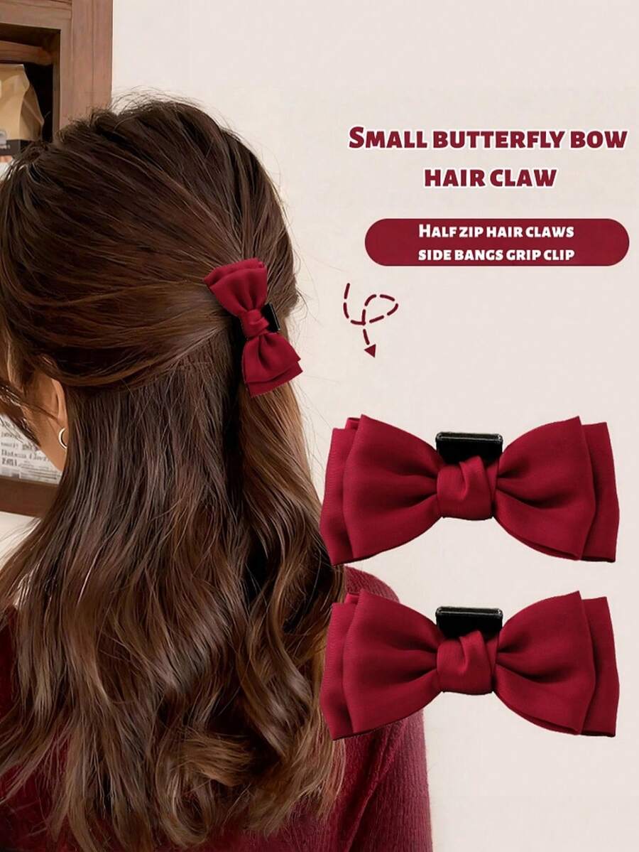2pcs Women's Fashionable And Sweet Small Bow Clip, Red And Black Bow Clip, Half Tied Hair At The Back Of The Head, Hair Claws, Bangs, Side Clip Clip, Hair Clip, Headband, Hair Accessory