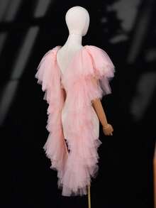 1 pièce Châle long en mousseline de soie rose à volants multicouches, accessoire de robe de soirée de style européen et américain à la mode, convient pour l'hôtesse, les représentations, les événements formels, les galas, la photographie, les tenues de la Saint-Valentin - Rose saumon - Voir 7