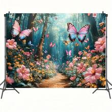 2D平面梦幻蝴蝶花园背景布，单片装 - 粉色和黄色花朵，趣味春季摄影布，适用于生日、母亲节、复活节等场合，无需电源，带有蝴蝶装饰 - 1PCS - 查看 5
