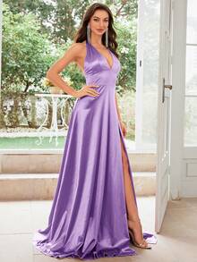 MUXXN 1950s Retro V-Neck Backless Satin Cocktail Party Dress - Lilac Purple - View 6
