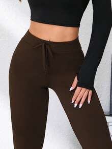女士高腰直筒瑜伽裤，收腹提臀，抽绳设计，弹力舒适，适合健身房、跑步、旅行和户外健身活动，春季款 - 棕色 - 查看 4