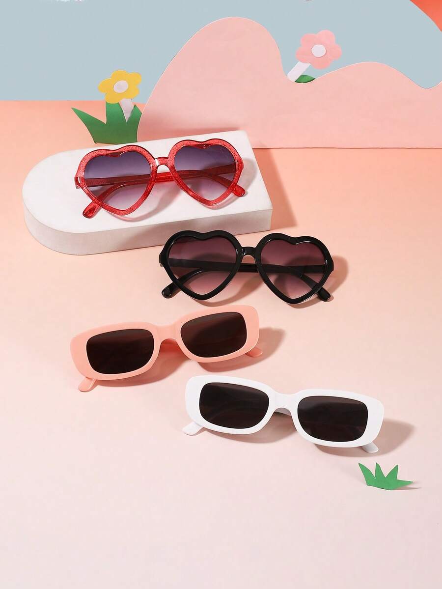 1 set de 4 piezas de gafas con marco rectangular de policarbonato clásico con forma de corazón brillante para niños y niñas de 5 a 9 años, para uso al aire libre, con estuche - Multicolor - Ver 1