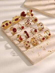 16件套不锈钢金色3D图案混搭高品质不褪色可调节戒指套装，情人节心形戒指礼物，母亲节礼物，日常佩戴，节日珠宝礼物