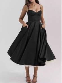 Women's Double-Layer Lace Slip Dress, Sexy Slim-Fit Spaghetti Strap Bodycon Dress With Ruffle Trim For Party, Club & Night Out Wear - màu đen - Xem 8