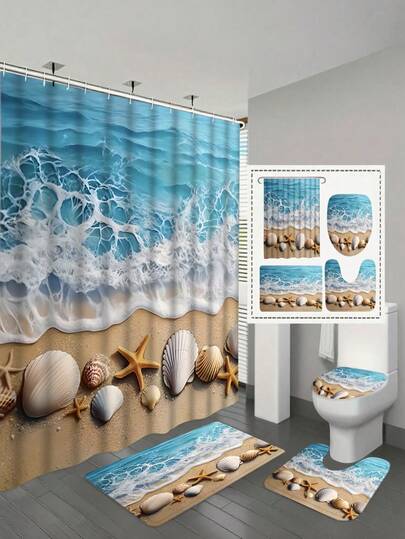 1/4pcs Set, Beach Theme Shower Curtain And Non-Slip Mat Set - Ocean Wave Design, For Bathroom Decor, Elegant And Practical Home Decor Gift