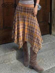 Aflion 女士新款春夏棕黄格纹印花腰部不对称下摆中长裙 - 复古休闲连衣裙，适合约会、派对、日常休闲、学院风、度假、音乐节和周末出游 - 彩色 - 查看 12