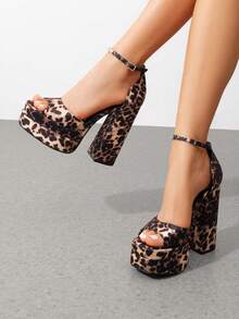 Women Fashion Ankle Strap Platform Chunky Heeled Sandals, Sexy Open Toe Ultra High Heel Sandals For Festival Party, Nightclub And Daily Wear - 豹紋 - 查看 2