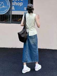 休闲时尚水洗开衩中长牛仔裙 春季 - 霧霾藍 - 查看 4