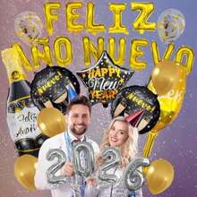 Kit Globos Metálicos Letrero Letras Decoración Fiesta Feliz Año Nuevo 2026 Botella y Copa Globos Latex Lentejuela Dorada 28 Pzas(default) - Multicolor - Ver 5
