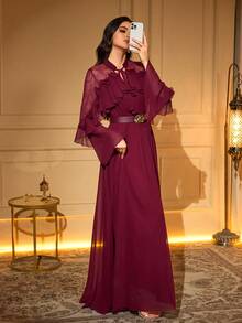 Elegant Women's Long Sleeve Stand Collar Tie-Waist Ruffle Hem Bell-Sleeve Woven Dress With Belt, Perfect For Parties Or Romantic Occasions Party - Burgundy - View 7