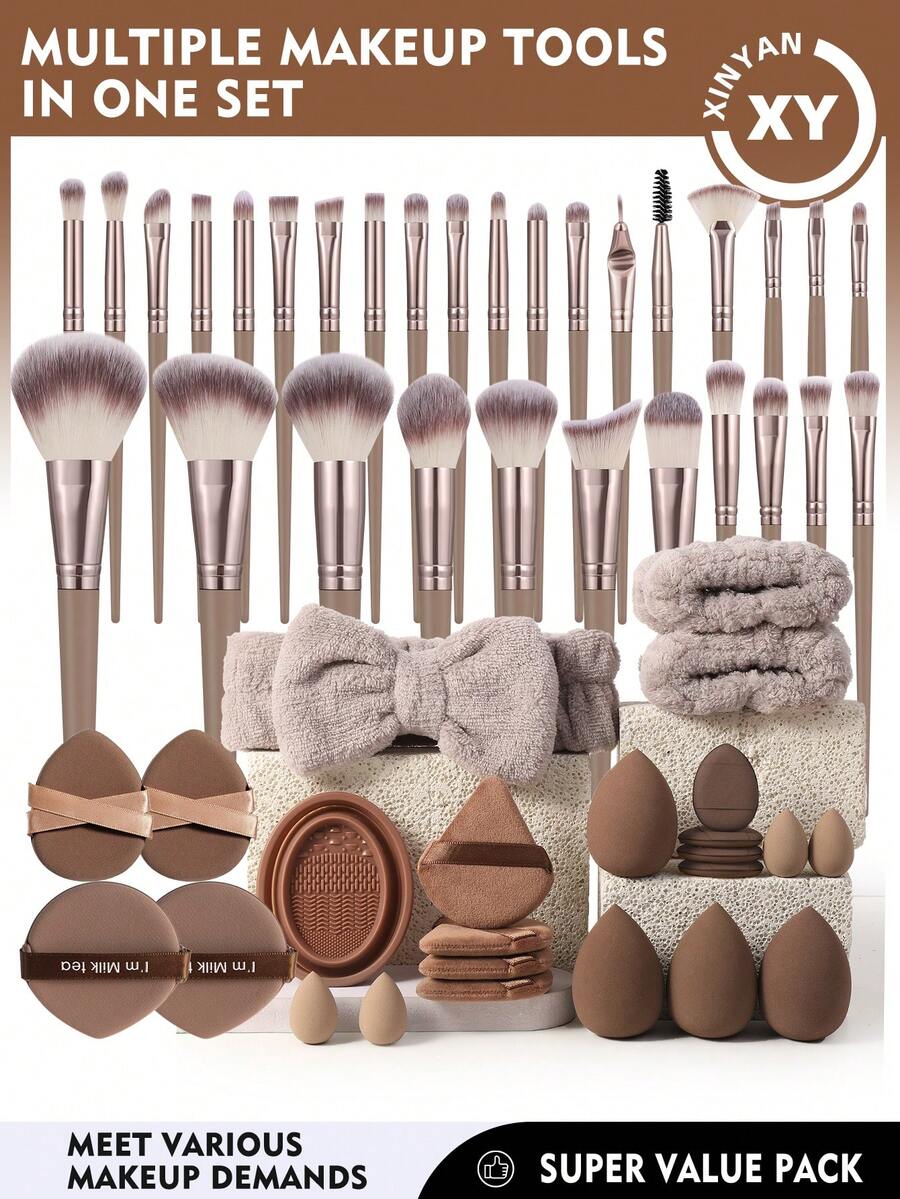 54 PIEZAS Juego de herramientas de maquillaje combinado, Pincel de sombra de ojos y pincel de cejas y pincel básico y pincel de maquillaje en polvo y pincel de rubor y pincel de corrector y pincel iluminador Pelo sintético ultra suave avanzado para maquillaje facial diario, regalos, pinceles de maquillaje profesionales, juego de maquillaje completo - Café integral - Ver 1