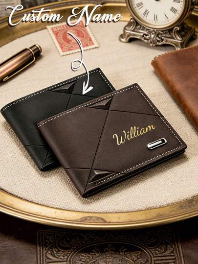 Customizable Gold Foil Lettering Men's Wallet, Short Leather Wallet With Multiple Card Slots And Personalized Name Engraving. Simple And Stylish, Perfect For Business And Daily Use, Suitable For The Office, School, Work, And Commuting. It's The Perfect Gift For Family, Friends, Elders, Boyfriends, Brothers, And Fathers, Ideal For Valentine's Day, Birthdays, And Anniversaries.