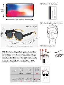 1pc Unisex Square Frame Minimalist Stylish Fashion Glasses, Suitable For Travel, Casual, Party, Beach, Daily Wear - Tea Leaves Above, Yellow Frame and Gray Panel Below - View 2