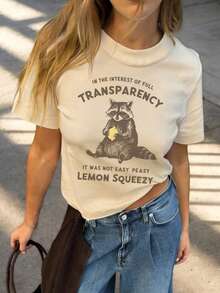 Nouveau t-shirt d'été simple à col rond, manches courtes, avec imprimé lettre raton laveur amusant. Top polyvalent et pour femmes - Nude - Voir 3