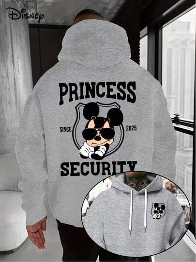 Disney Genuine Authorization 1 Piece, Men's Mickey Guardian Princess Safety Printed Hoodie-Casual Black 100% Polyester Pullover, Long Sleeve, Kangaroo Pocket-Autumn/Winter Fashion Cartoon Printed Sweatshirt, Super Dalian Hoodie.