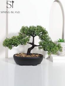 1棵人造盆栽树，黑色花盆，高7.9英寸（20厘米），绿色仿真植物，适合家居和办公室装饰 | 非常适合摆放在书架、书桌、浴室 | 农舍风格节日装饰、情人节装饰、春夏装饰、家居装饰 - 綠色-B - 查看 10