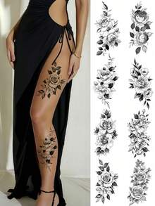 8 Sheets Temporary Tattoos Flowers Sexy Tattoos Black Realistic Rose Tattoo Stickers For Women Adult Fake Tattoos Body Art Arm Neck Sketch Realistic Floral Temp Tattoos For Party Daily Makeup - Black - View 11