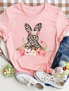 Áo thun nữ tay ngắn cổ tròn dáng rộng in hình thỏ Phục Sinh, phong cách đường phố thường ngày, màu hồng mùa hè. - Hồng - Xem 1
