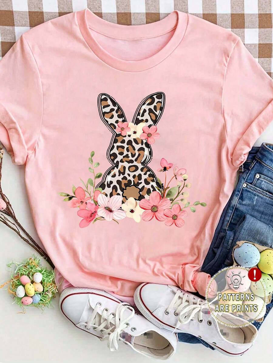 Áo thun nữ tay ngắn cổ tròn dáng rộng in hình thỏ Phục Sinh, phong cách đường phố thường ngày, màu hồng mùa hè. - Hồng - Xem 1