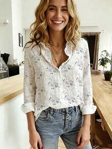 Women's Spring And Autumn Clothing, Elegant Ladies' Shirts With Printed Lapel And Front Button Fastening, Elegant Ladies' Casual Tops, Fashionable Ladies' Long-Sleeved Shirts For Spring And Autumn Seasons - White - View 6