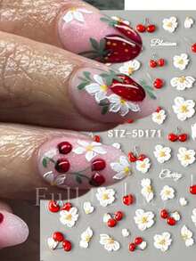 2pcs/Set - New Nail Art Stickers, Spring/Summer Style, Oil Painting Design, Daisy, Small Flowers, Cherry, 5D Embossed Nail Art Stickers Nails Nail Supplies - Multicolor - View 3