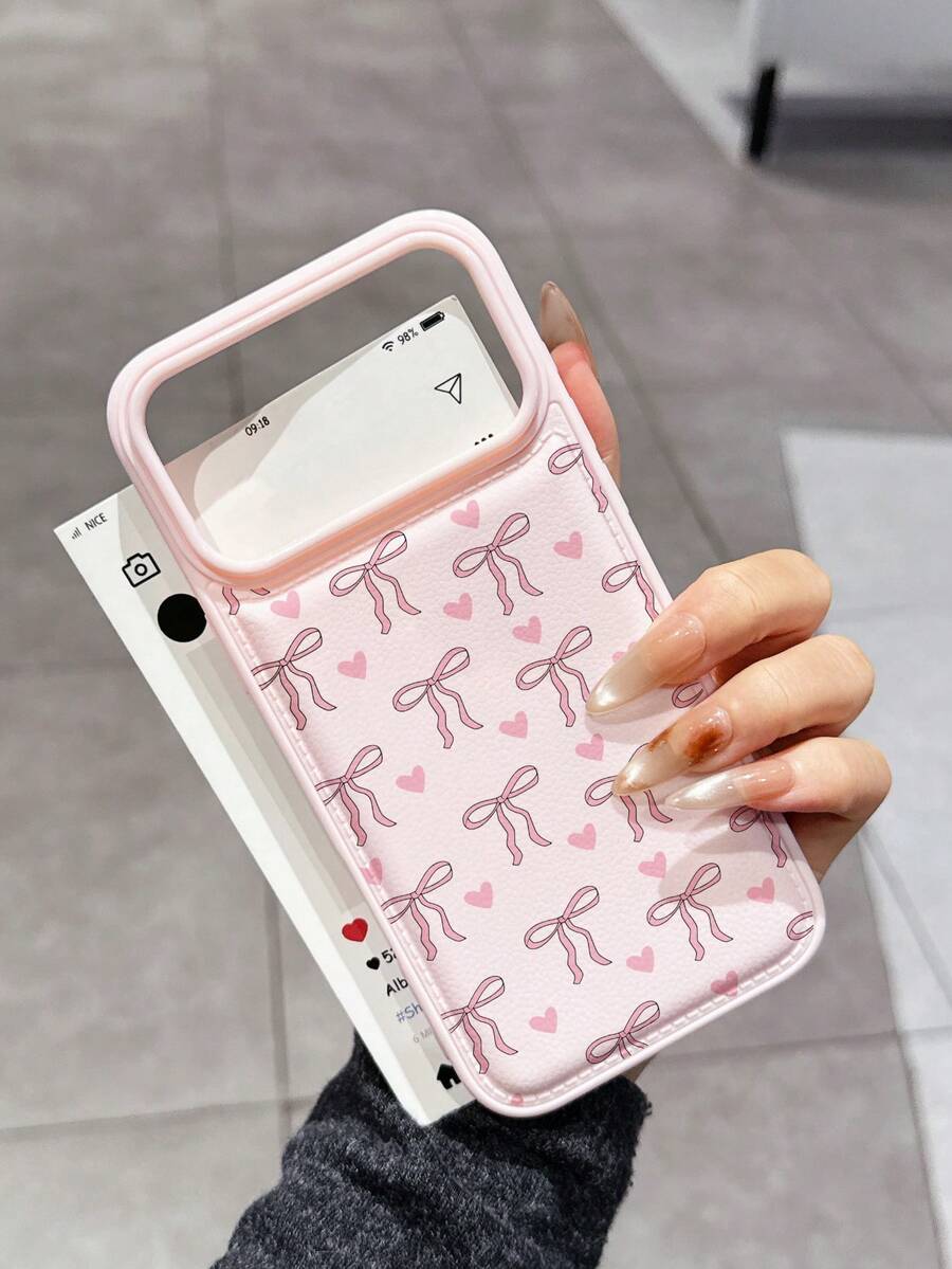 1pc Fashionable & Cute Heart Bow Knot Textured Cushion Shockproof Phone Case, Compatible With IPhone 15/15 Pro/15 Pro Max/15 Plus/16/16 Pro/16 Pro Max/17/17 Pro/17 Pro Max/13/13 Pro/13 Pro Max/12/12 Pro/11, Delicate Gift For Friends, Lovers Or Yourself - Pink - View 1