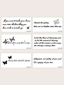 6片/1片装草本果汁半永久细线临时纹身贴纸 - 励志情感手写英文短句图案，可贴于背部、肩部、颈部、锁骨、腹部、腿部和身体其他部位。防水，不反光。纹身贴纸。 - 藍色 - 查看 3