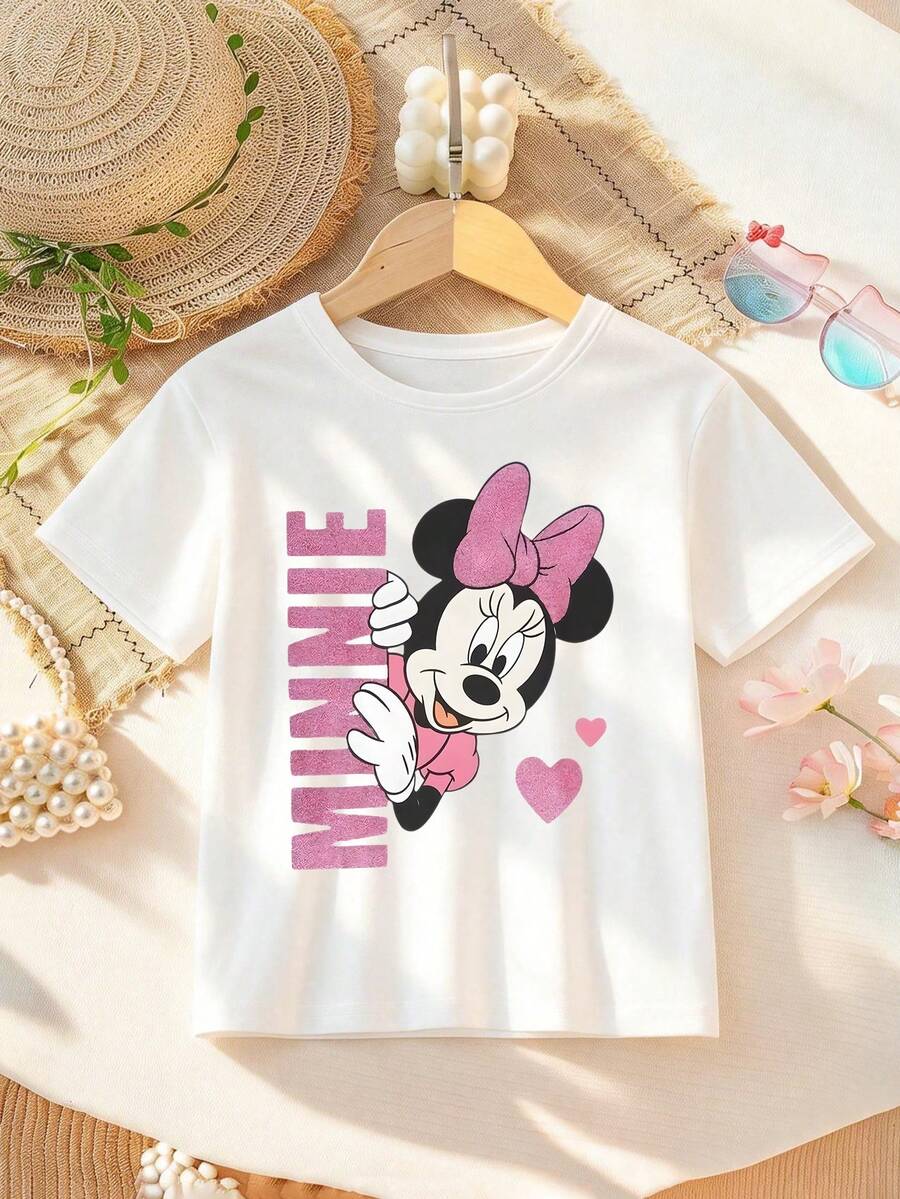 Disney Apparel, Featuring A Minnie Mouse Alphabet Print On This Girls' T-Shirt. This Soft, Breathable Short-Sleeve Crew Neck Tee Is Perfect For Spring And Summer Outfits, Ideal For Everyday Wear, Vacation Leisure, Outdoor Adventures, School Life, And Shopping Trips. It Also Makes An Excellent Gift For Boys And Girls Alike. Every Child Deserves One. - trắng - Xem 1