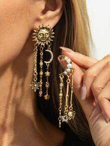 2pcs/Set Bohemian Geometric Asymmetric Star Moon Sun Fashion Earrings, Luxurious Elegant Casual, Party, Holiday, Couple Date, Women's Festival Versatile Jewelry Gift - Earring - View 1