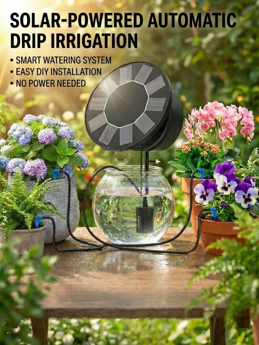 Solar Powered Automatic Drip Irrigation Kit 1500mAh Battery Timed Self Watering System IP65 Waterproof Supports 10 Potted Plants For Balcony Garden Vegetable Patch Hanging Baskets - 黑色 - 查看 1