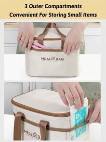 Oxford Cloth Insulated Lunch Bag, Picnic Beach Bag With 4 Pockets, Suitable For Storing Chilled Fruits, Snacks, Takeout Lunch, Work And Camping - White - View 3