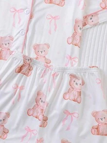 Bộ đồ ngủ 2 món cho bé gái, áo sơ mi cổ bẻ tay ngắn và quần short rộng cạp chun, kiểu dáng mùa hè mới, họa tiết gấu hồng và nơ dễ thương, có thể giặt, đồ ngủ mặc nhà cho trẻ em và thanh thiếu niên. - trắng - Xem 6