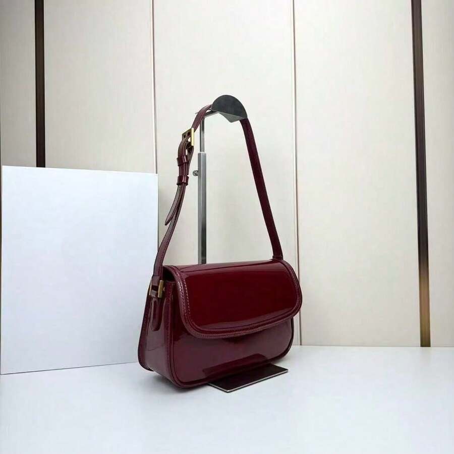 Burgundy Leather Shoulder Bag For Women, Minimalist Structured Crossbody Bag With Gold Hardware, Slim Rectangle Everyday Purse, 24.5x15x8.5cm - Burdeos - Ver 1