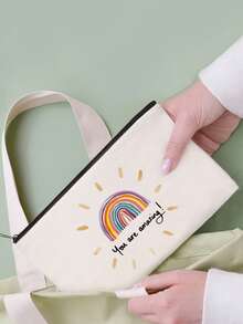 1/2pcs Set Large Capacity Beige Canvas Floral & Book Themed Printed Tote Bag And Zipper Storage Bag Set, Fashionable Floral & Book Themed Shoulder Bag, Shoulder Bag, Multifunctional Portable Travel Storage Makeup Set, Suitable For Back To School, Graduation, Travel, Birthday, Anniversary, Teacher's Day, Thank You Gifts, Essential For Students And Teachers, Great For Travel