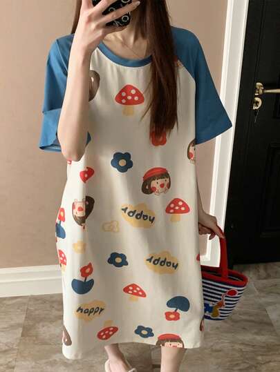 Pure Slumber Cartoon Print Women's Sleeveless Short Sleeve Nightgown, Suitable For Spring/Summer Round Neck Pajamas