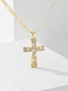 1pc European & American Classic Copper Inlaid Zirconia Lucky Cross Pendant Necklace, Limited Edition "Light Of Protection", Suitable For Christmas/Thanksgiving/Halloween/Mother's Day/Valentine's Day Gifts For Couples/Friends/Godparents, Catholic First Communion, Gifts, Daily & Holiday Wear For Prayer - Yellow Gold - View 3