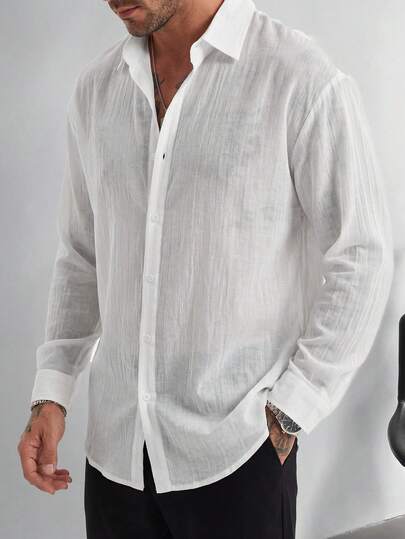 Men's Slim Fit White Pleated Textured Shirt, Minimalist Aesthetic Long Sleeve Shirt, Fresh And Elegant Summer Holiday Top