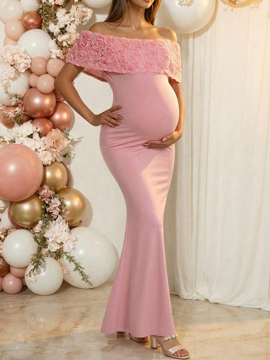 Đầm đuôi cá màu hồng trễ vai không tay co giãn cao cấp dành cho bà bầu, họa tiết hoa hồng 3D dệt kim xếp nếp vạt bất đối xứng, thích hợp cho chụp ảnh bầu, tiệc tùng, lễ cưới mùa xuân. - Hồng - Xem 1