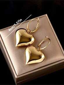 1 Pc Women'S Glossy Heart Design Dangle Earrings - Simple Elegant Stainless Steel Jewelry, Lightweight Comfort Fit, Perfect Valentine'S Day Gift & Thoughtful Present For Moms On Mother'S Day - 金色 - 查看 3