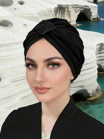 女士纯色穆斯林头巾，带水钻装饰针织帽