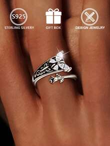 1 Stück 925 Sterling Silber Vintage Schwarze Rose Zirkonia Schmetterling Offener Ring (Schmetterling Rose Stil) Geschenkbox, geeignet für den täglichen Gebrauch und als Valentinstags-Geschenk - Antiksilber - Übersicht 8