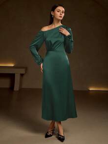 Elegant Jade Green Satin One-Shoulder Maxi Dress, Suitable For Spring Formal Events And Parties Party - Green - View 7