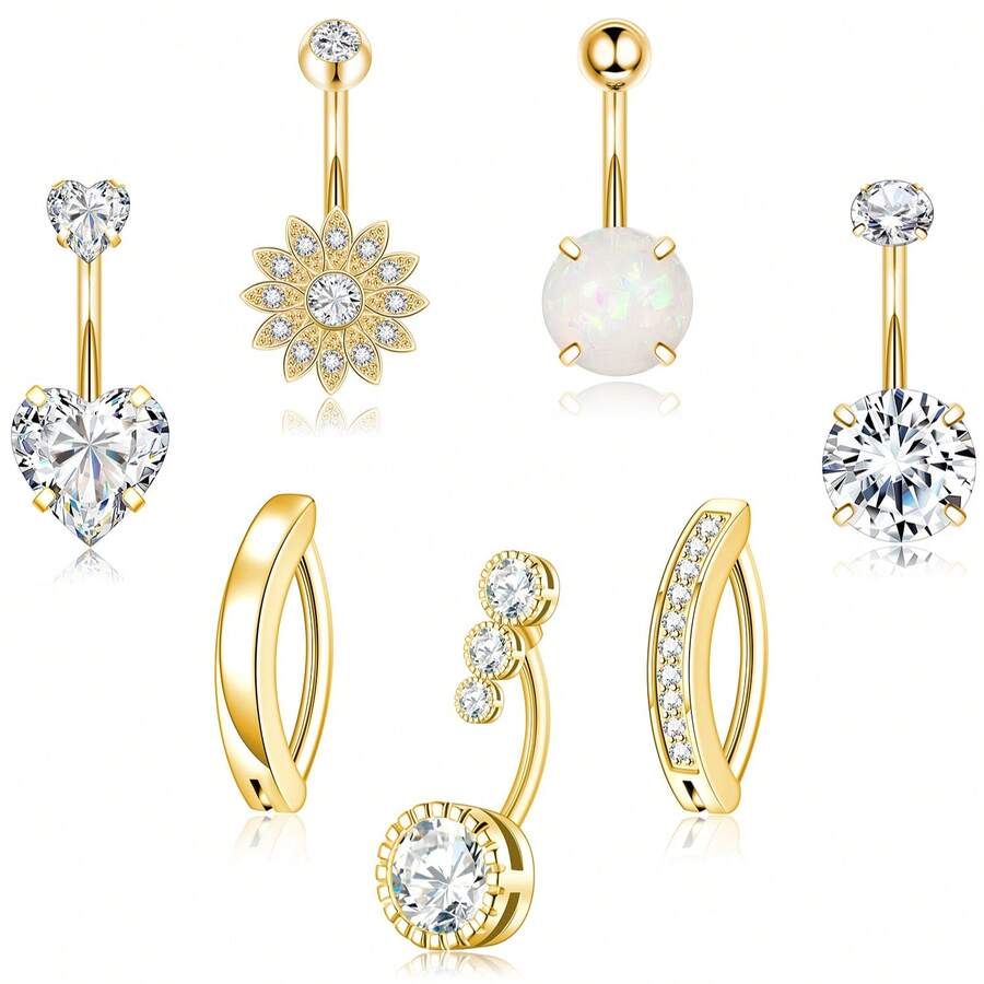 7件套可爱肚脐环，14G不锈钢肚脐穿刺饰品，女士款 - 7pcs - 查看 1